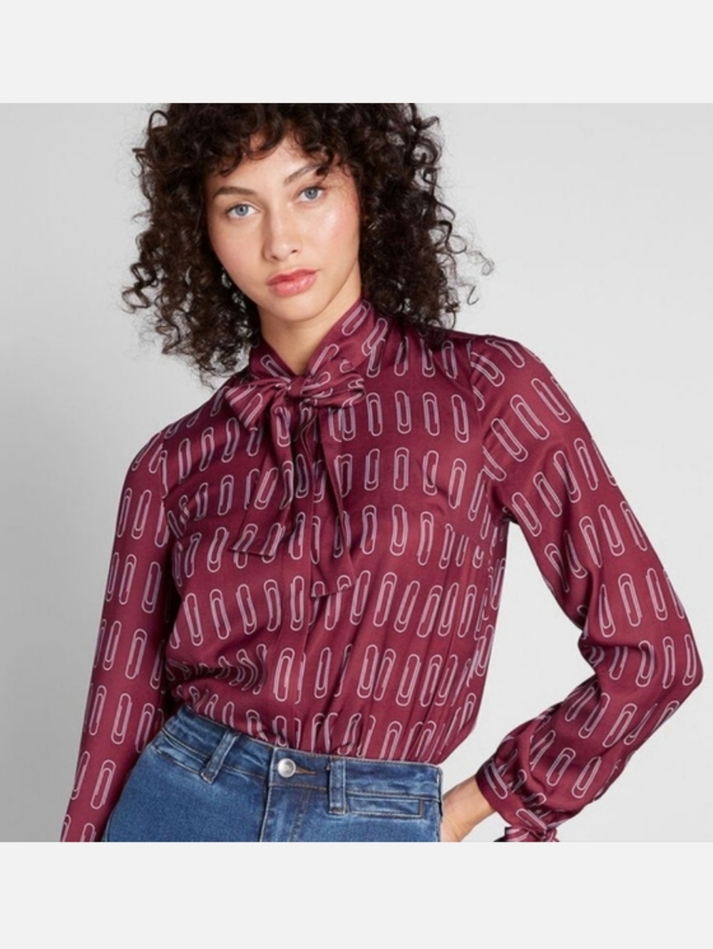 Modcloth Positive Professionalism Retro Paperclip Tie Neck Shirt Blouse Top XS